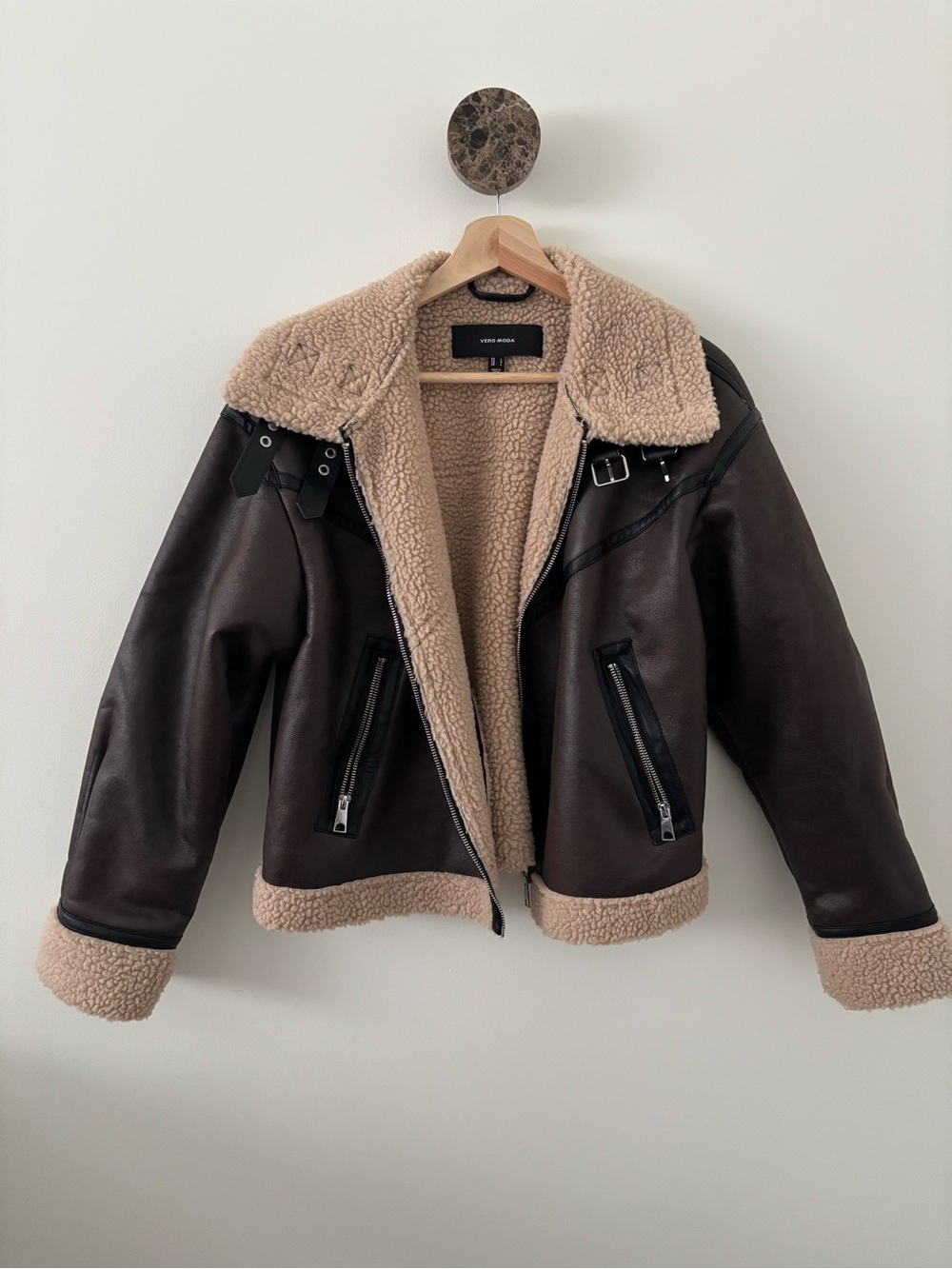Vero Moda Brown Faux Leather Shearling Jacket with Cream Lining